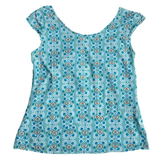 ISIS Teal Aqua Art Deco Print Cotton Cap Sleeve Blouse - Size 8 - Picture 3 of 10